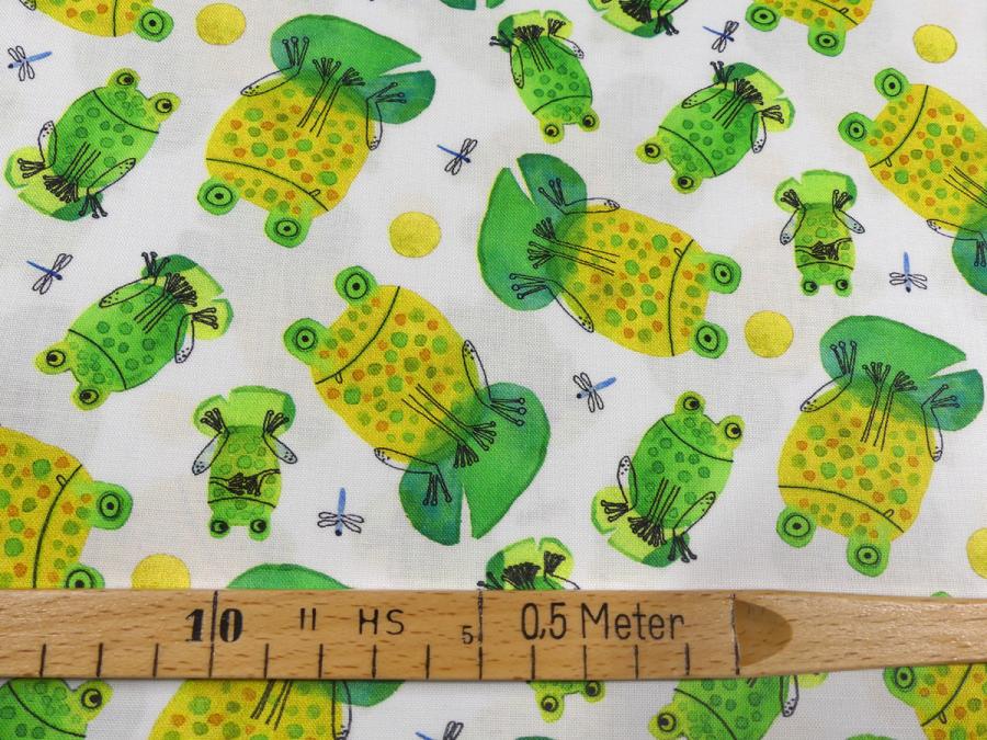 Preview: Patchworkstoff  Frösche grün gelb Detailansicht mit Maß